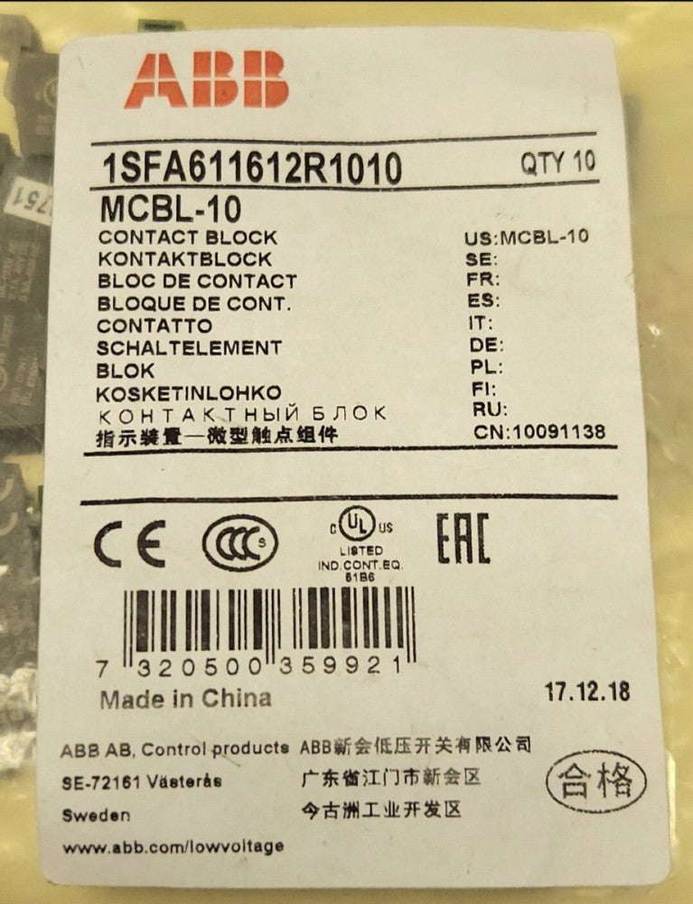 BAG OF 10 ABB MCBL- 10 1SFA611612R1010 Contact Block