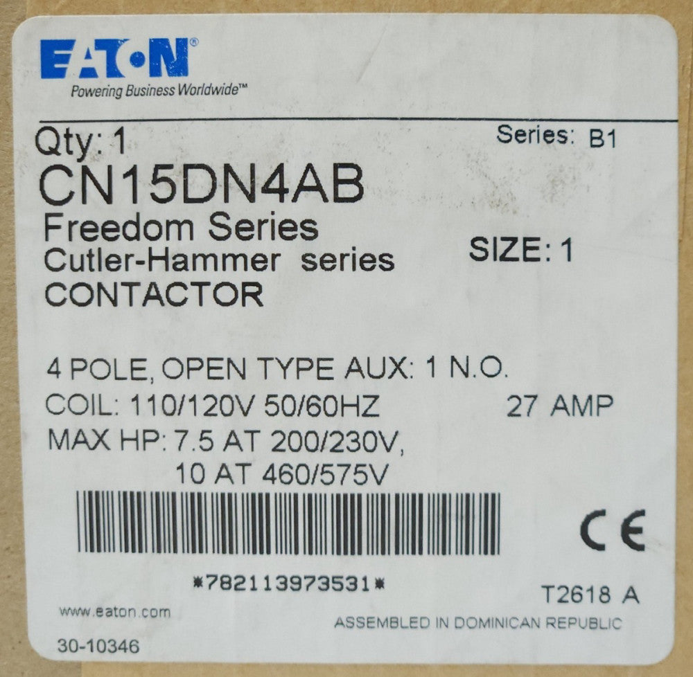 EATON CUTLER HAMMER CN15DN4AB 4 Pole 120 VAC Size 1 CN15DN4 Contactor 27 AMP