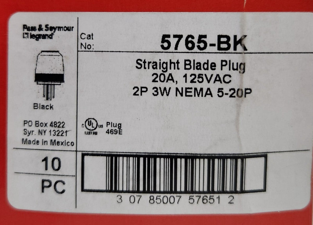 BOX OF 9 PASS & SEYMOUR Legrand 5765 BK 20 AMP 125 VAC 5-20P BLACK PLUG 4995 2 P