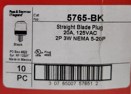 BOX OF 9 PASS & SEYMOUR Legrand 5765 BK 20 AMP 125 VAC 5-20P BLACK PLUG 4995 2 P