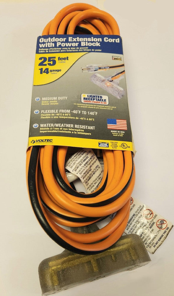 VOLTEC SJTW 25 Feet Lighted Outdoor Extension Cord 14 Gauge 3 Outlet 25' Orange