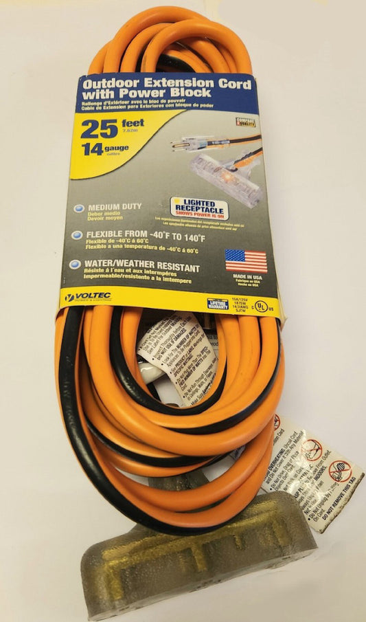 VOLTEC SJTW 25 Feet Lighted Outdoor Extension Cord 14 Gauge 3 Outlet 25' Orange
