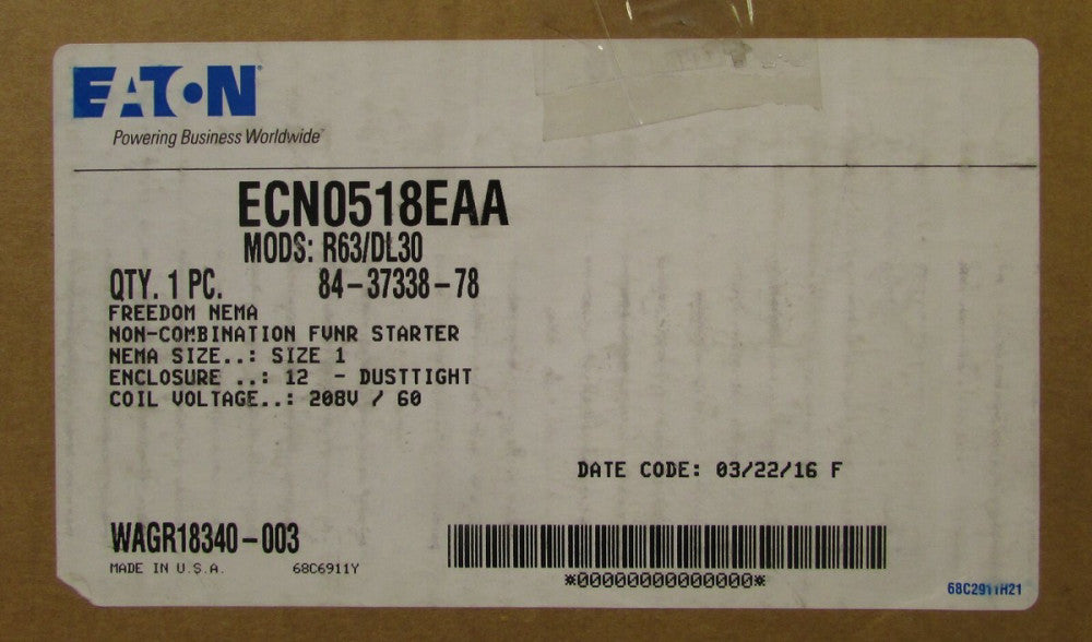 EATON CUTLER HAMMER ECN0518EAA 208V AN19DN0 Size 1 Starter Nema 12 Enclosure 