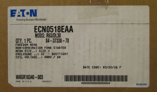 EATON CUTLER HAMMER ECN0518EAA 208V AN19DN0 Size 1 Starter Nema 12 Enclosure 