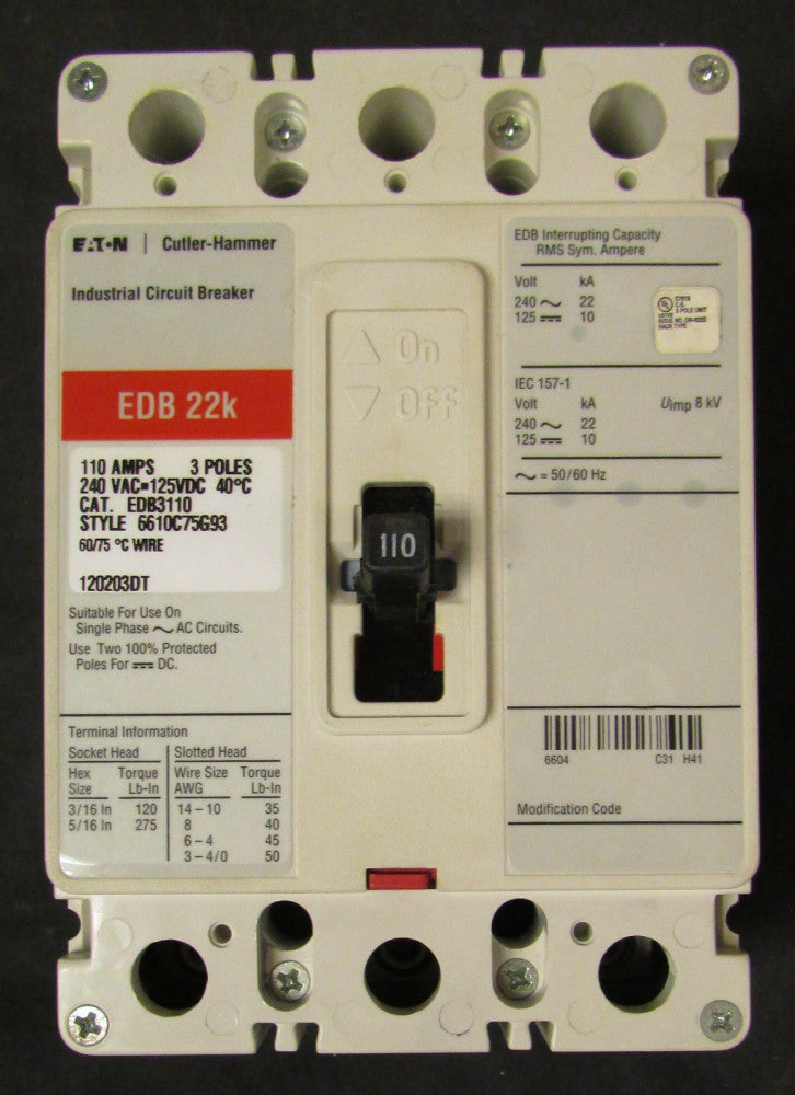 EATON CUTLER HAMMER EDB3110 Type EDB Circuit Breaker 3 Pole 110 Amp