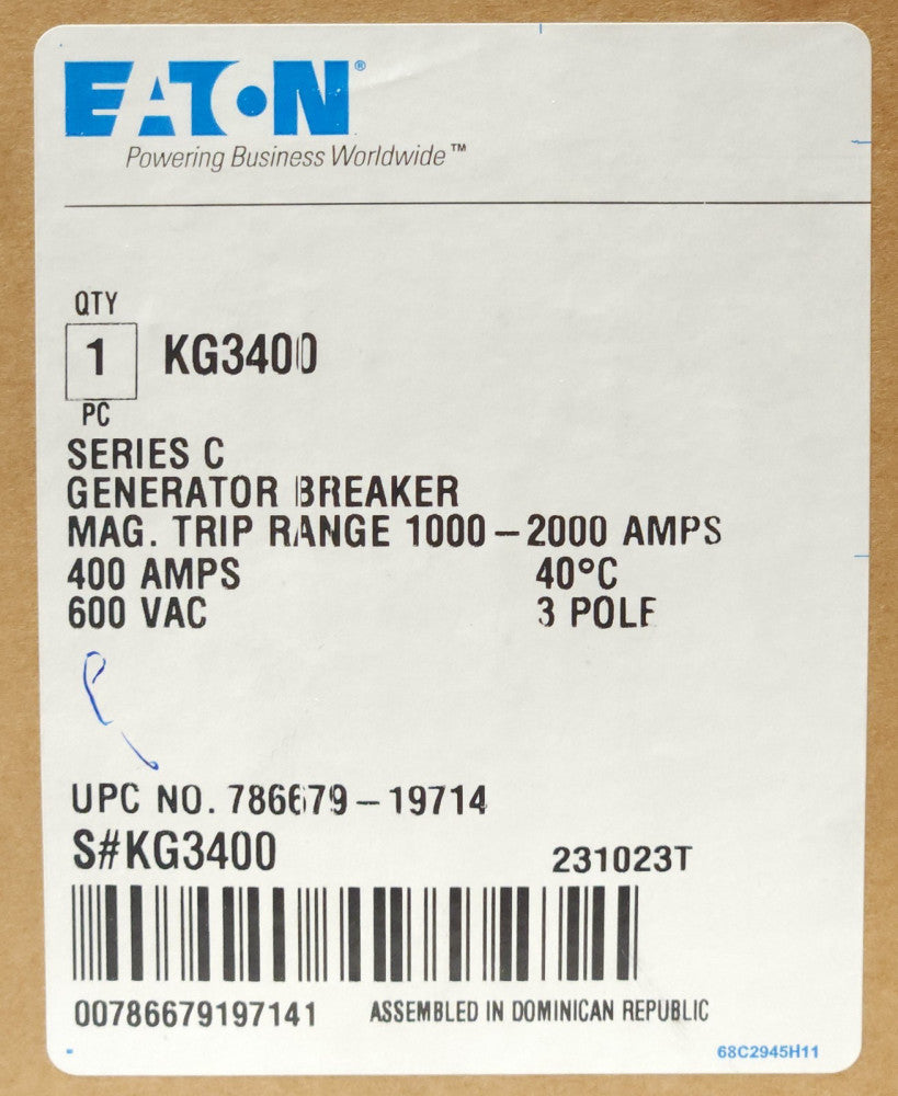 EATON CUTLER HAMMER KG3400 3 Pole 400 AMP Type KG Generator Circuit Breaker