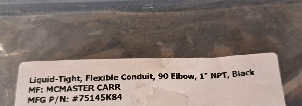 New, McMaster-Carr, 75145K84, LIQ TGHT FLEX CON 90 ELBOW 1" NPT BLK