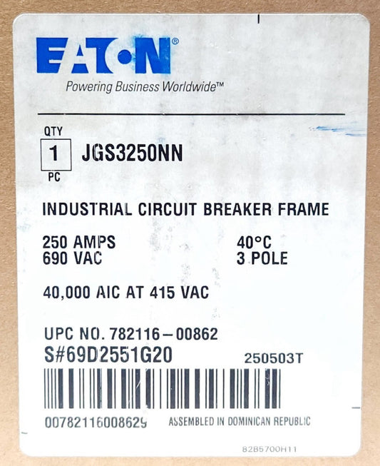 EATON CUTLER HAMMER JGS3250NN 3 Pole 250 AMP Type J250-S Circuit Breaker Frame