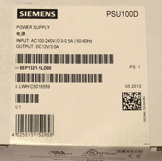 SIEMENS PSU100D Power Supply 6EP1321 1LD00 Input 100-240VAC Output 12 VDC 3 Amp
