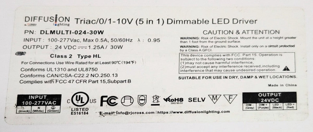 DIFFUSION DLMULTI 024 30W TRIAC 1-10 V 5 In 1 LED Driver 100-277 VAC Output 24