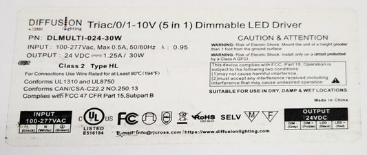 DIFFUSION DLMULTI 024 30W TRIAC 1-10 V 5 In 1 LED Driver 100-277 VAC Output 24