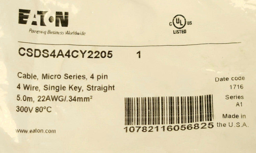 EATON CSDS4A4CY2205 Micro Series 4 PIN Sensor Cable 4 Wire 5.0M