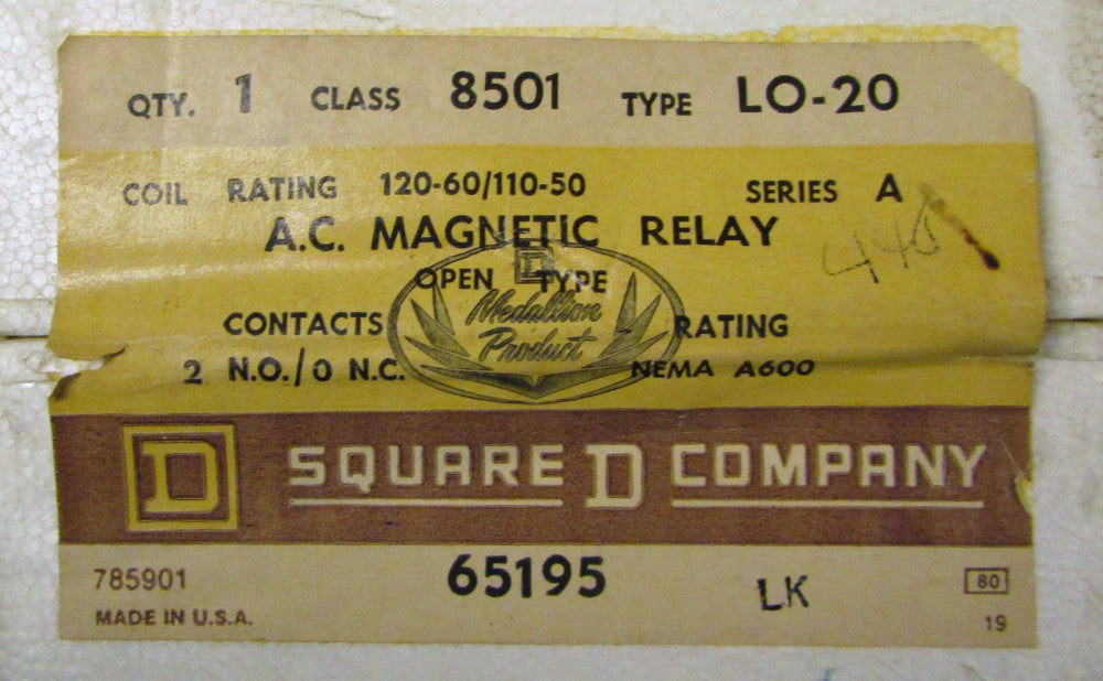 SQUARE D 8501 LO-20 110/120V AC Magnetic Relay 8501LO20