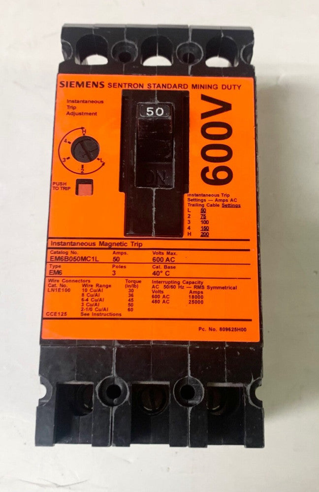 SIEMENS EM6B050MC1L 3 Pole 50 AMP Type EM6 SENTRON MINING Circuit Breaker 