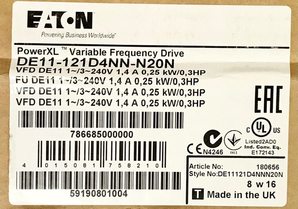 EATON DE11 121D4NN N20N Power XL Variable Frequency Drive .3 HP 240 VAC VFD