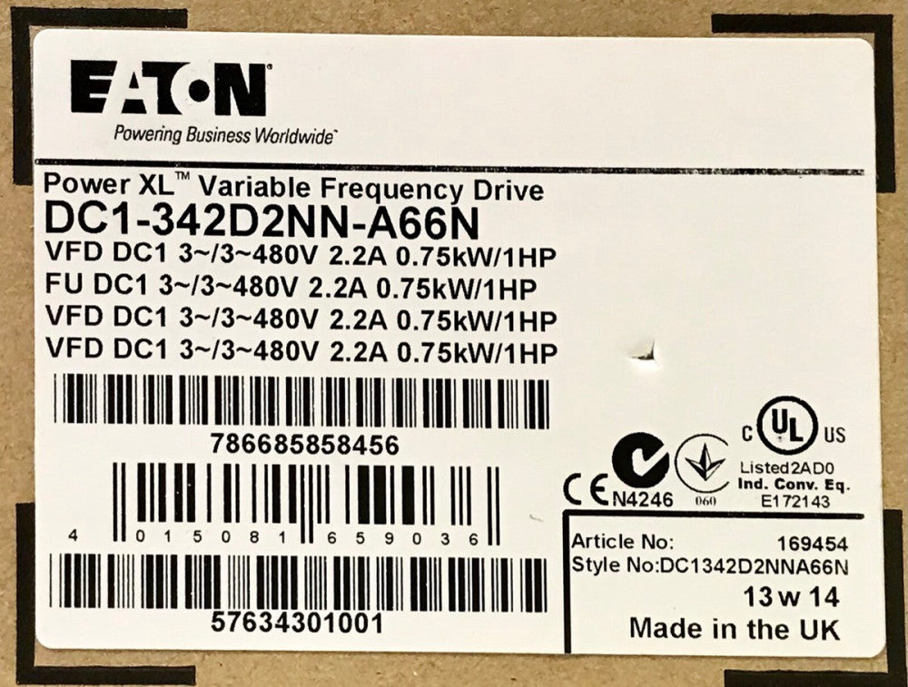 EATON DC1 342D2NN A66N 480VAC 1HP Power Variable Frequency Drive VFD DC1 3 .75 