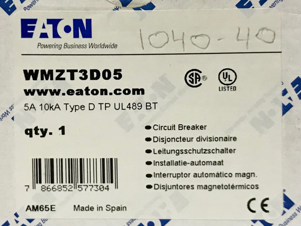 EATON MOELLER WMZT3D05 3 Pole 5 AMP 10 KA Type D TP