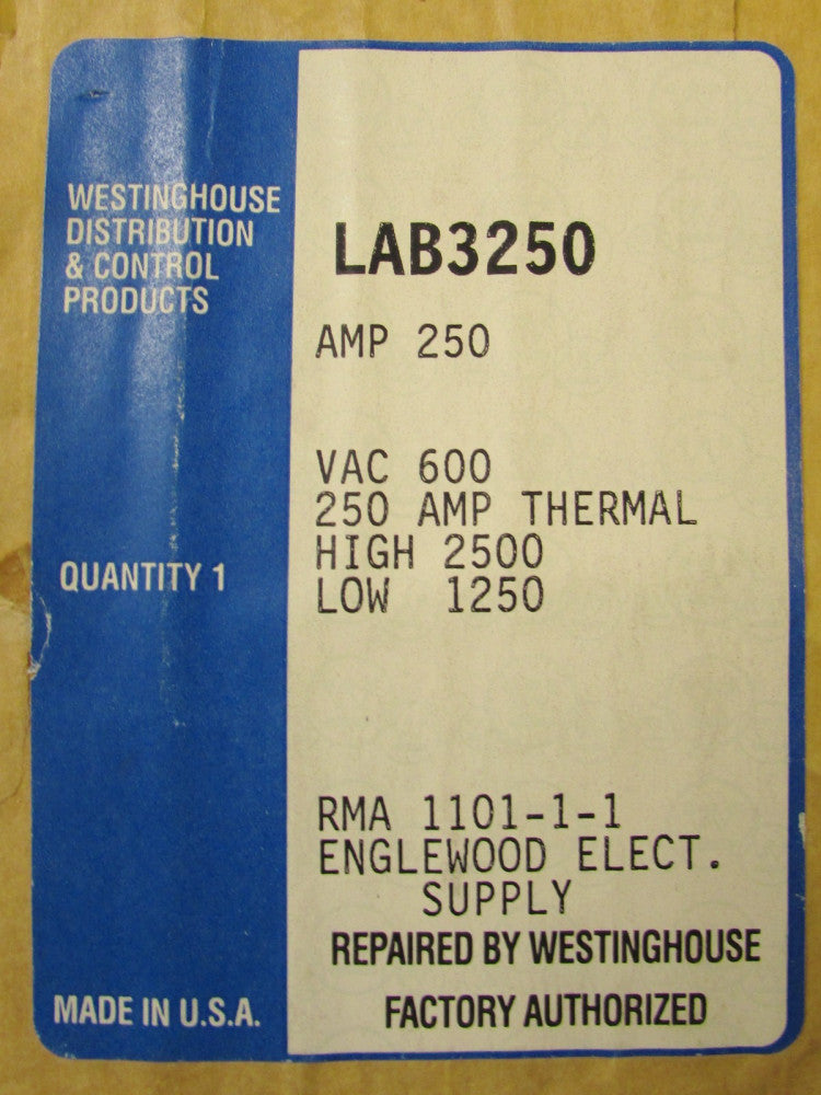 WESTINGHOUSE LAB3250 LAB Circuit Breaker 3 Pole 250 Amp Line Load Terminals Lugs