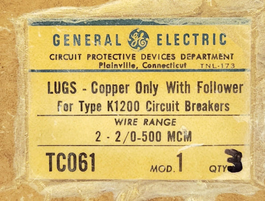 BOX OF 3 GENERAL ELECTRIC TC061 K1200 CU Copper Lug Terminal 2-2/0 500 MCM