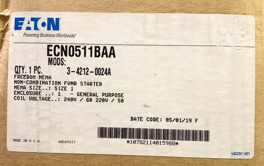 EATON ECN0511BAA 240 VAC Size 1 AN16DN0 Starter Nema 1 Enclosure Eternal Reset