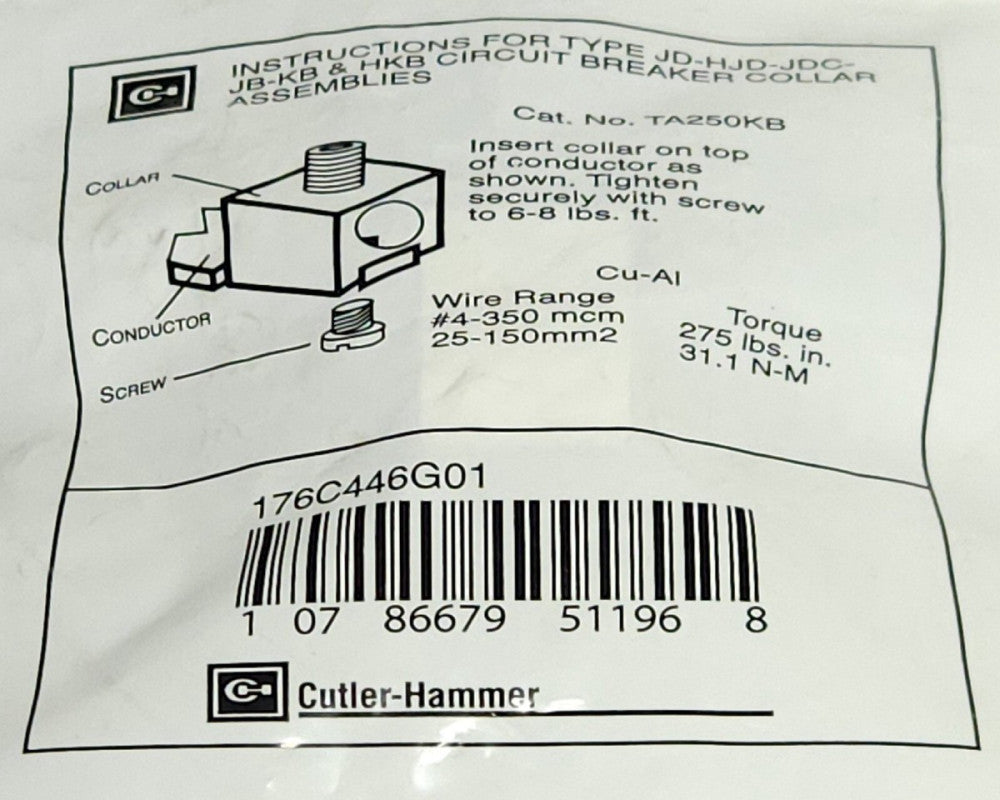 EATON CUTLER HAMMER TA250KB J Frame Type JD HJD KB Circuit Breaker Lug Terminal