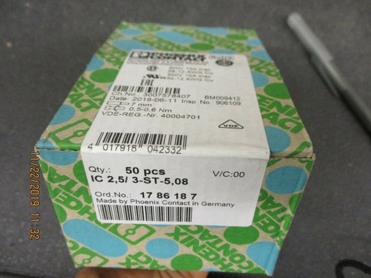Phoenix -1786187 -Pluggable Term. Blocks 3 Pos 5.08mm Invert Plug 24-12AWG 2 PCS