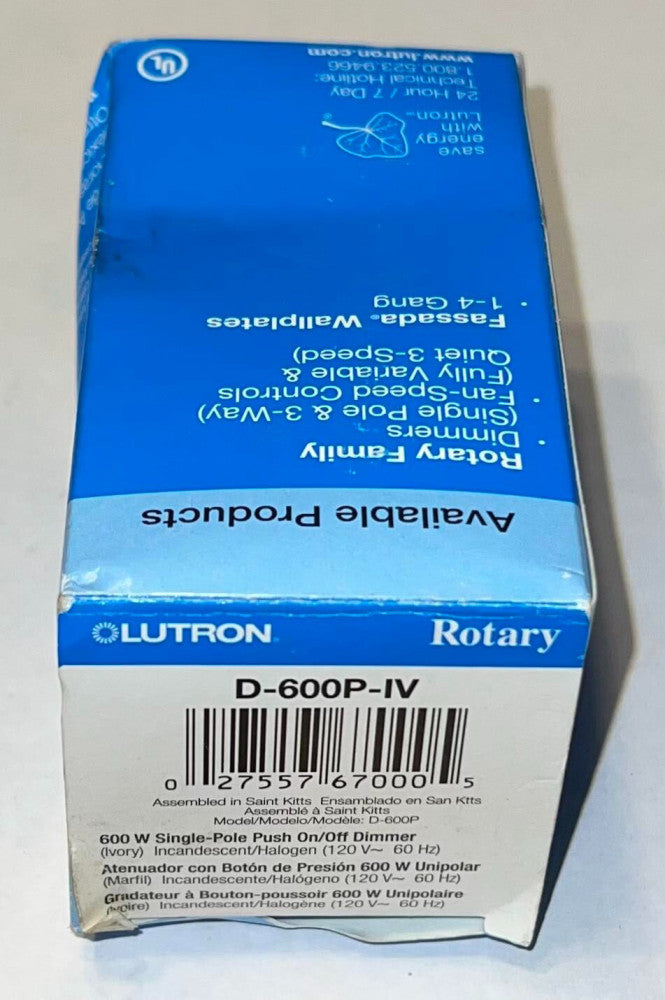 LUTRON ROTARY D 600P IV 600W Single Pole Push On Off Dimmer D-600P-IV