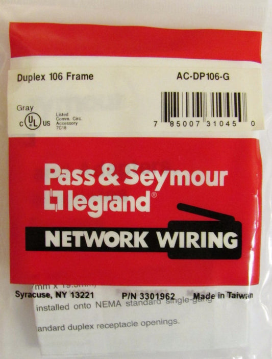 PASS & SEYMOUR LEGRAND AC DP106 G Duplex 106 Frame Gray Keystone Faceplate