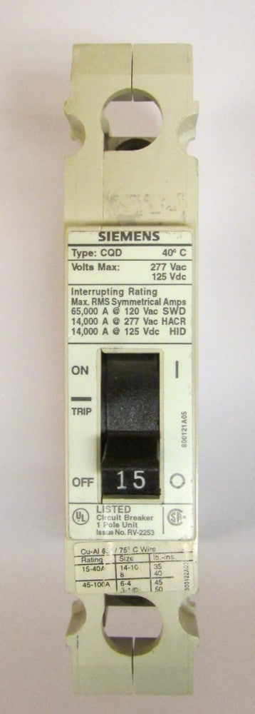 SIEMENS CQD115 Single Pole 15 Amp Type CQD Circuit Breaker
