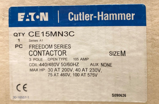 EATON CUTLER HAMMER CE15MN3C 3 Pole 440 480 VAC Size M CE15MN3 Contactor 105 AMP