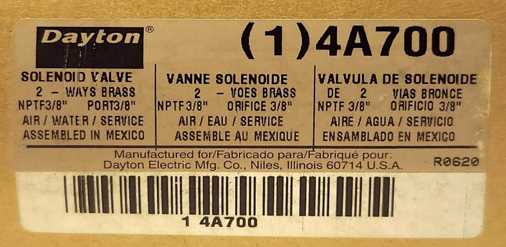 DAYTON 4A700 2 Way BRASS SOLENOID VALVE NPTF 3/8"