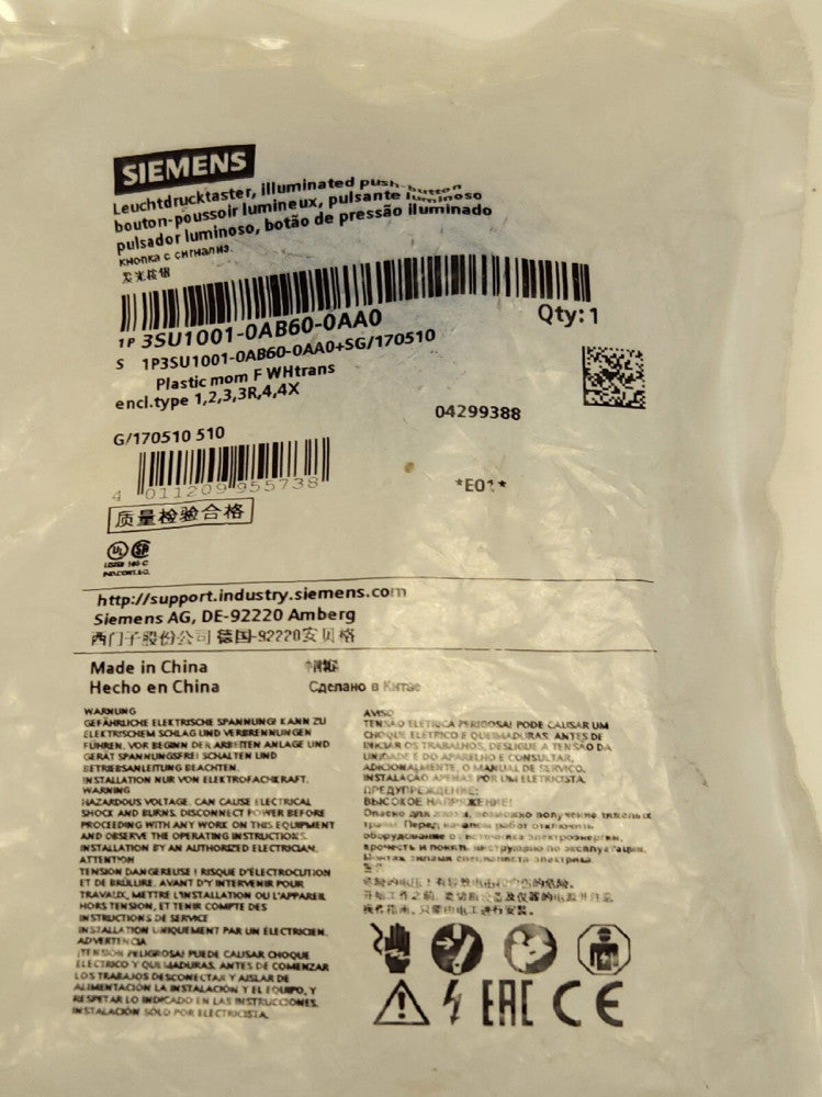 SIEMENS 3SU1001 0AB60 0AA0 White Illuminated Pushbutton