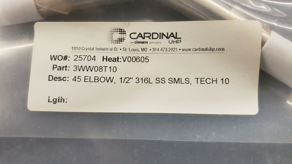 New, Cardinal, 3WW08T10, Tubular Fitting, Elbow 45, 1/2" 316L, SS, SMLS