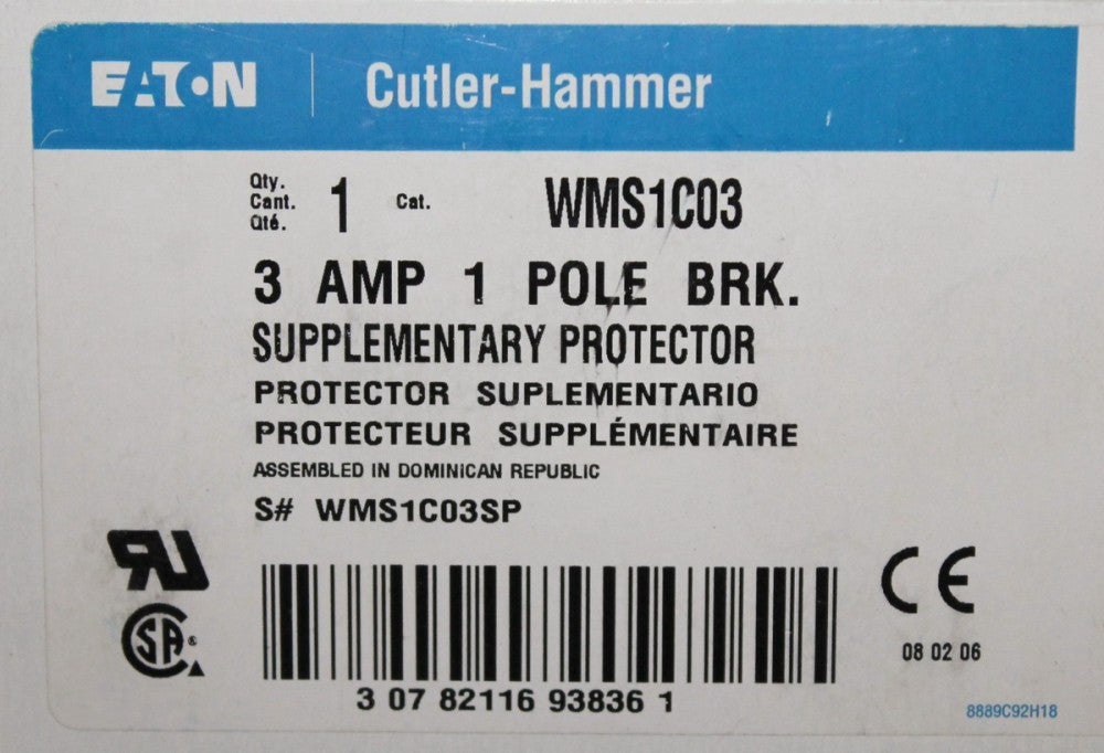 EATON CUTLER HAMMER WMS1C03 Supplementary Protector Breaker WMS1C03SP