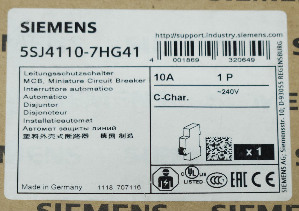 SIEMENS 5SJ4110 7HG41 Single Pole 10 AMP 240 VAC MCB Miniature Circuit Breaker