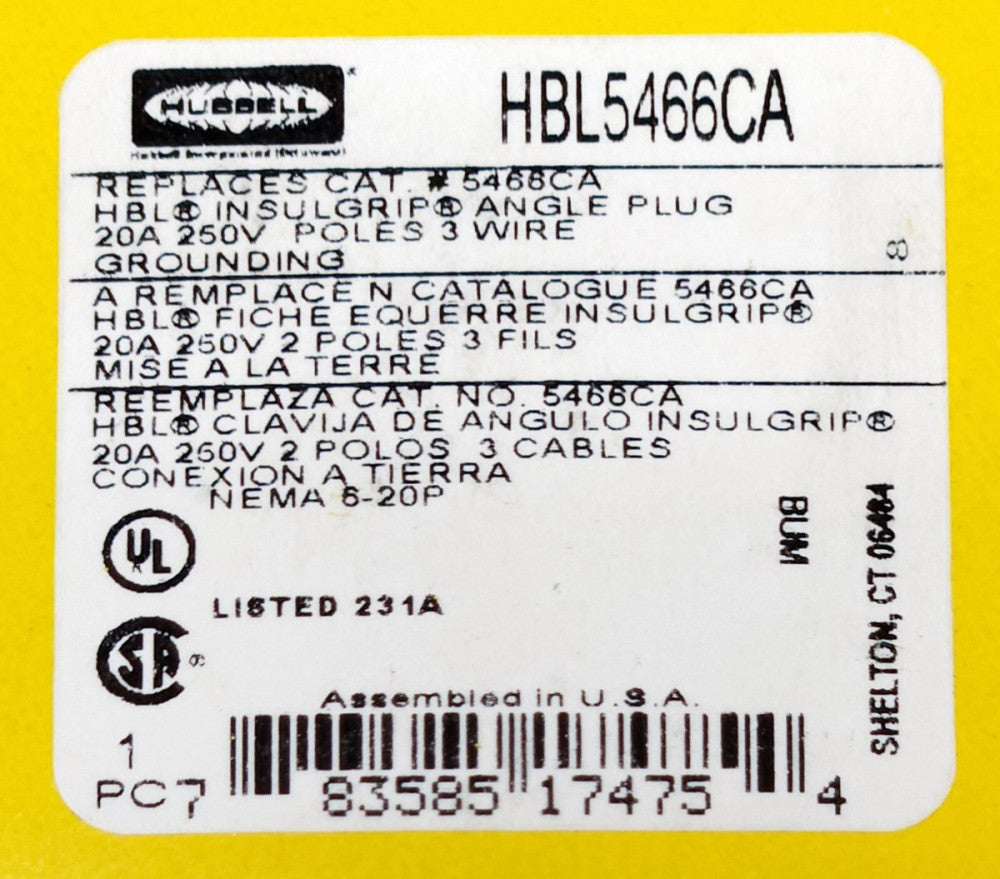 HUBBELL HBL5466CA 20 AMP 250 VAC HBL 5466CA Plug 3 Wire