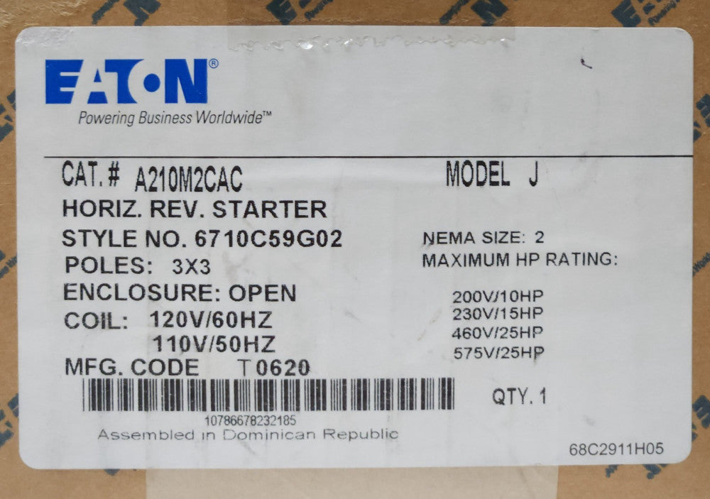 EATON CUTLER HAMMER A210M2CAC 120 VAC Size 2 A200 HORIZONTAL Reversing Starter