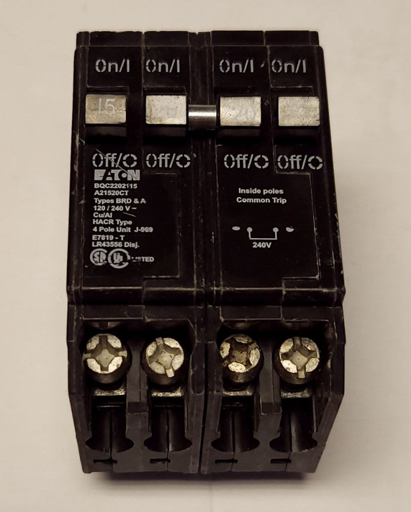 EATON BQC2202115 2 Pole 20 AMP Two Single Pole 15 AMP QUADPLEX Type BRD Breaker