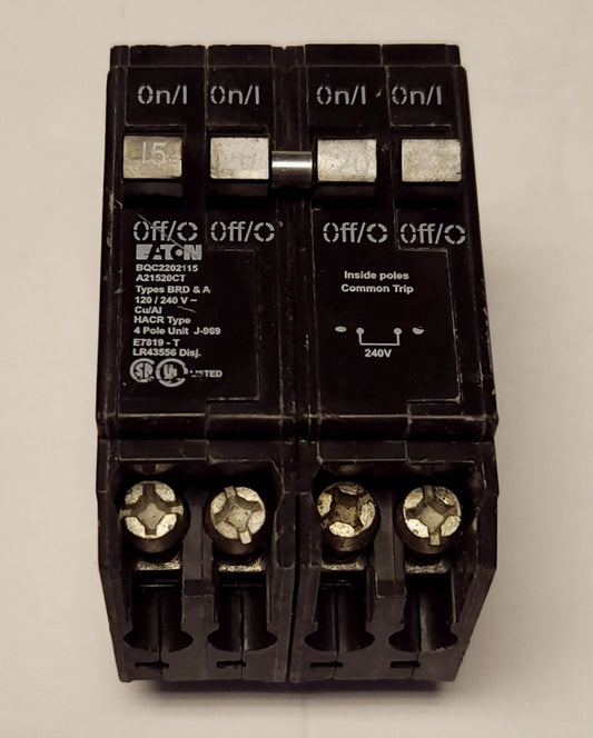 EATON BQC2202115 2 Pole 20 AMP Two Single Pole 15 AMP QUADPLEX Type BRD Breaker