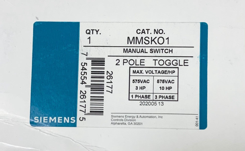 SIEMENS MMSK01 2 Pole Toggle Manual Switch 575 VAC MMSKO1 3-5 HP 