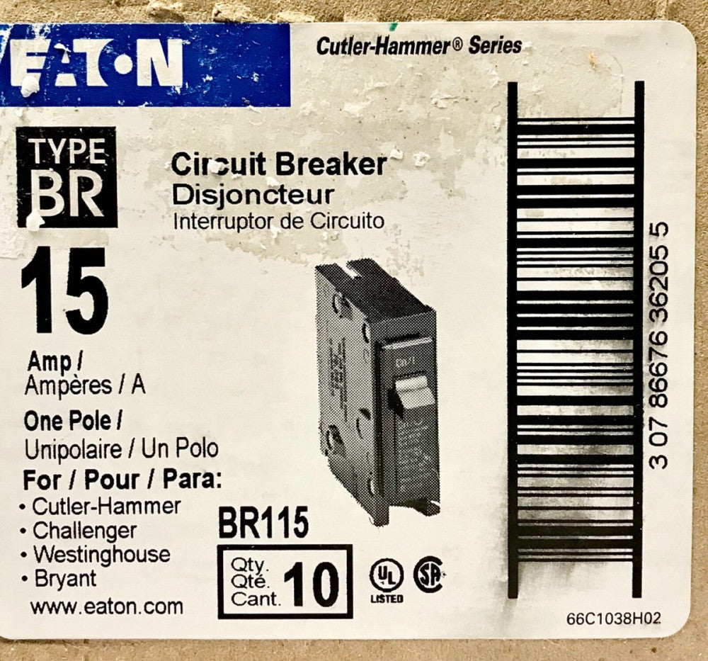 BOX OF (10) EATON CUTLER HAMMER BR115 Single Pole 15 AMP Type BR Circuit Breaker