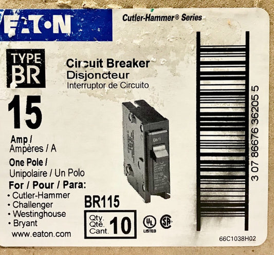 BOX OF (10) EATON CUTLER HAMMER BR115 Single Pole 15 AMP Type BR Circuit Breaker