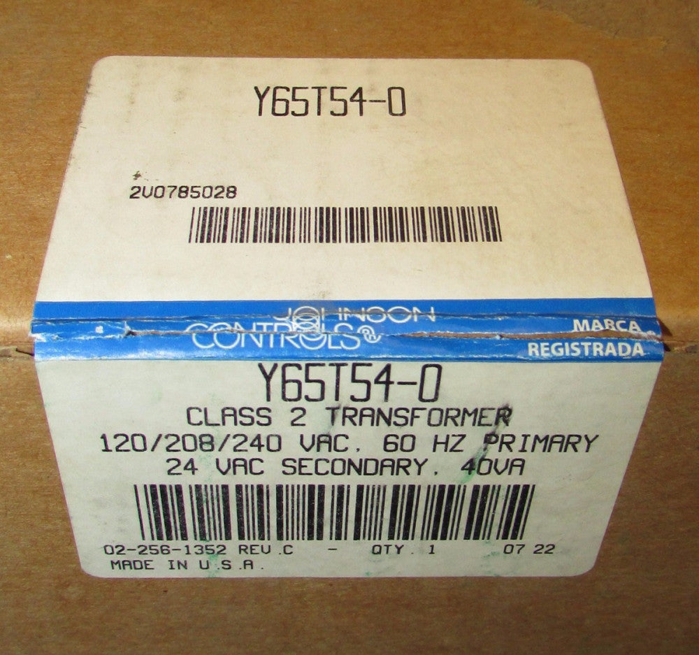 JOHNSON CONTROLS Y65T54 0 Transformer .40VA 120/208/240 Primary 24V Secondary