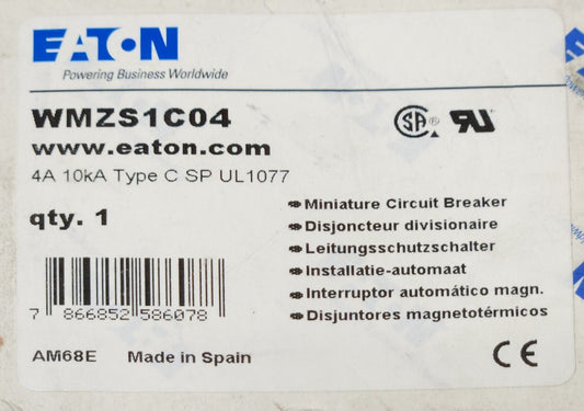 EATON WMZS1C04 Single Pole 4 AMP Miniature Circuit Breaker Type C SP