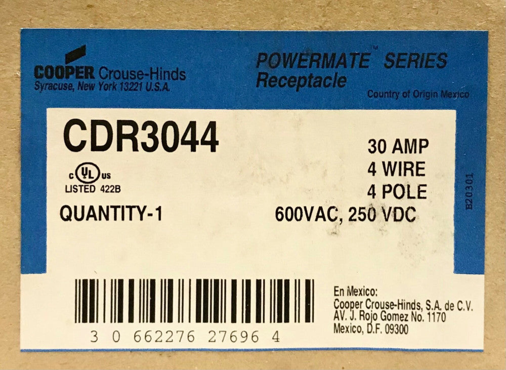 COOPER CROUSE HINDS CDR3044 30 AMP Powermate Receptacle 4 Pole 4 Wire 600 VAC