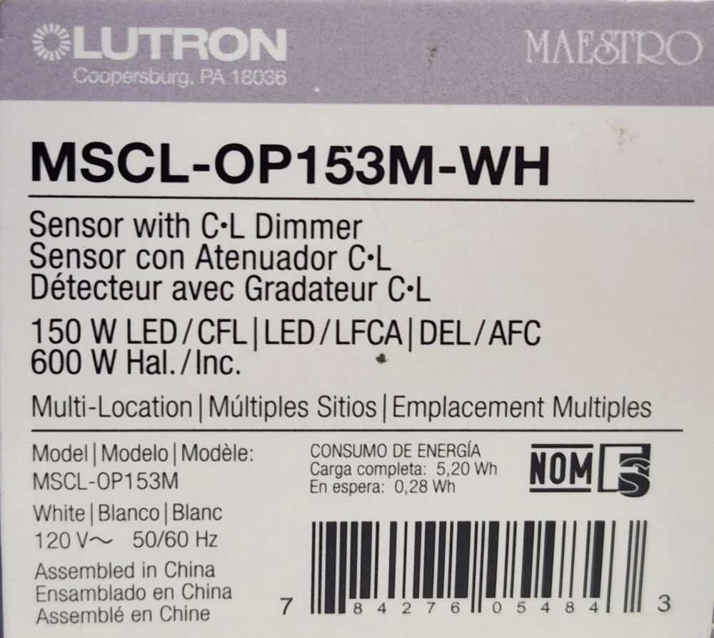 LUTRON MAESTRO MSCL OP153M WH Motion Sensor Light Dimmer Switch 150 W LED 120VAC