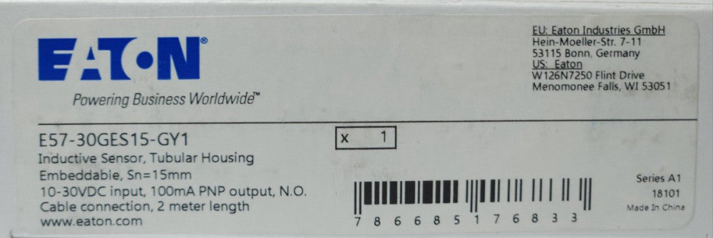 EATON CUTLER HAMMER E57 30GES15 GY1 Inductive Proximity Sensor 10-30 VDC 2 Meter