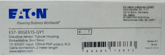 EATON CUTLER HAMMER E57 30GES15 GY1 Inductive Proximity Sensor 10-30 VDC 2 Meter