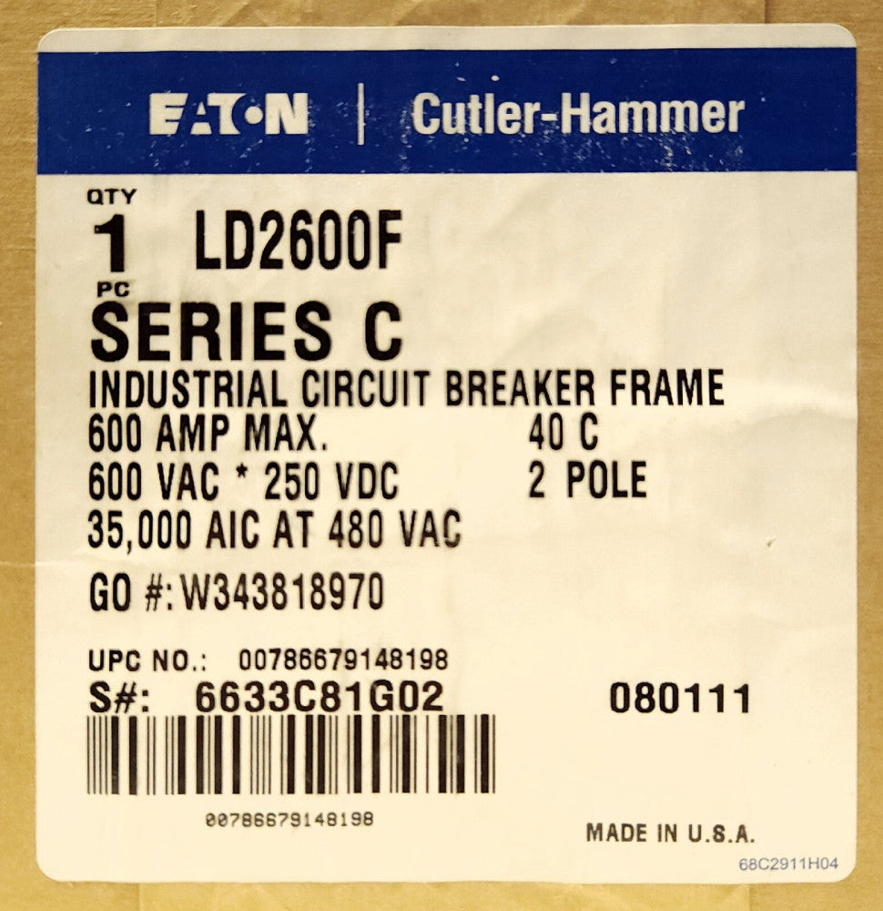 EATON CUTLER HAMMER LD2600F 2 Pole 600 AMP Type LD Circuit Breaker Frame ONLY