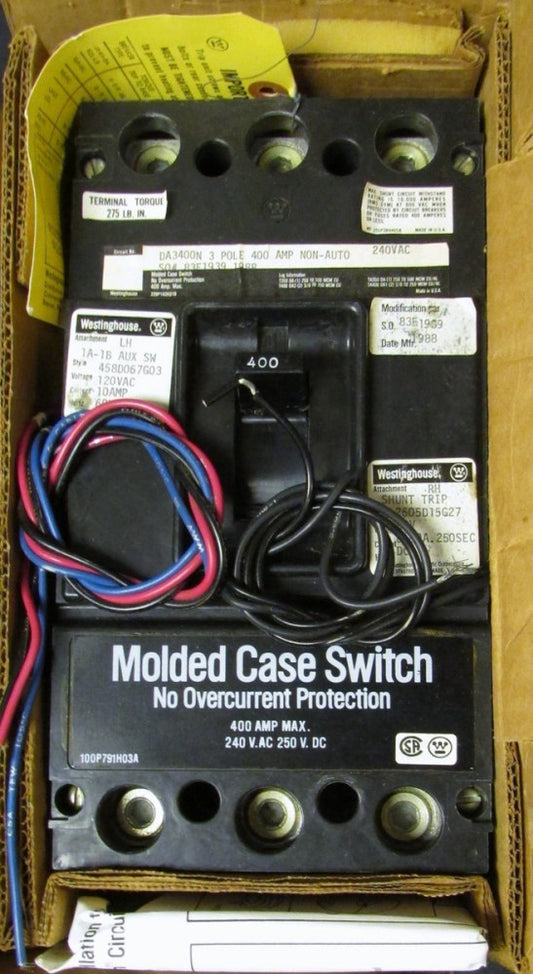 WESTINGHOUSE DA3400N 3 Pole 400 Amp Non Auto Type DA Molded Case Switch